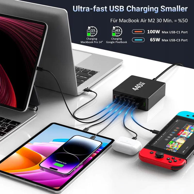 HSSNS USB-C Oplader 440W 8-Poorts Snelladen Laptop iPhone — foto 4