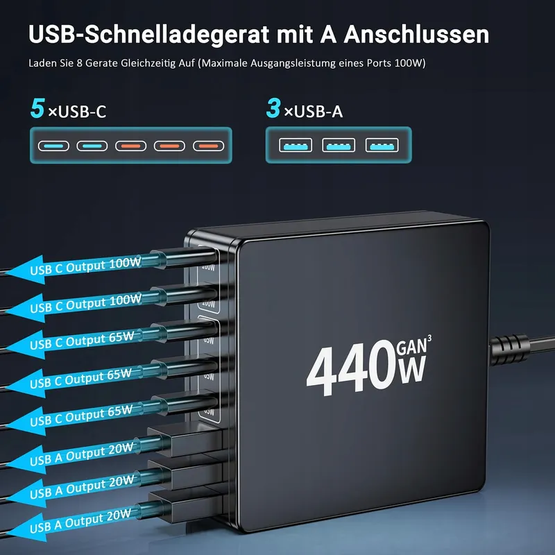 HSSNS USB-C Oplader 440W 8-Poorts Snelladen Laptop iPhone — foto 2