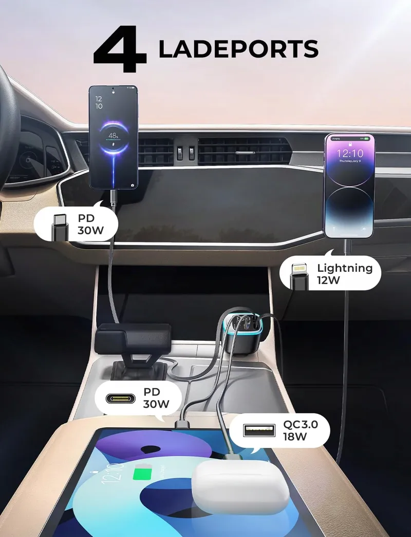 ROLGNO Autolader 72W 4 Poorten USB C iPhone Galaxy — foto 3
