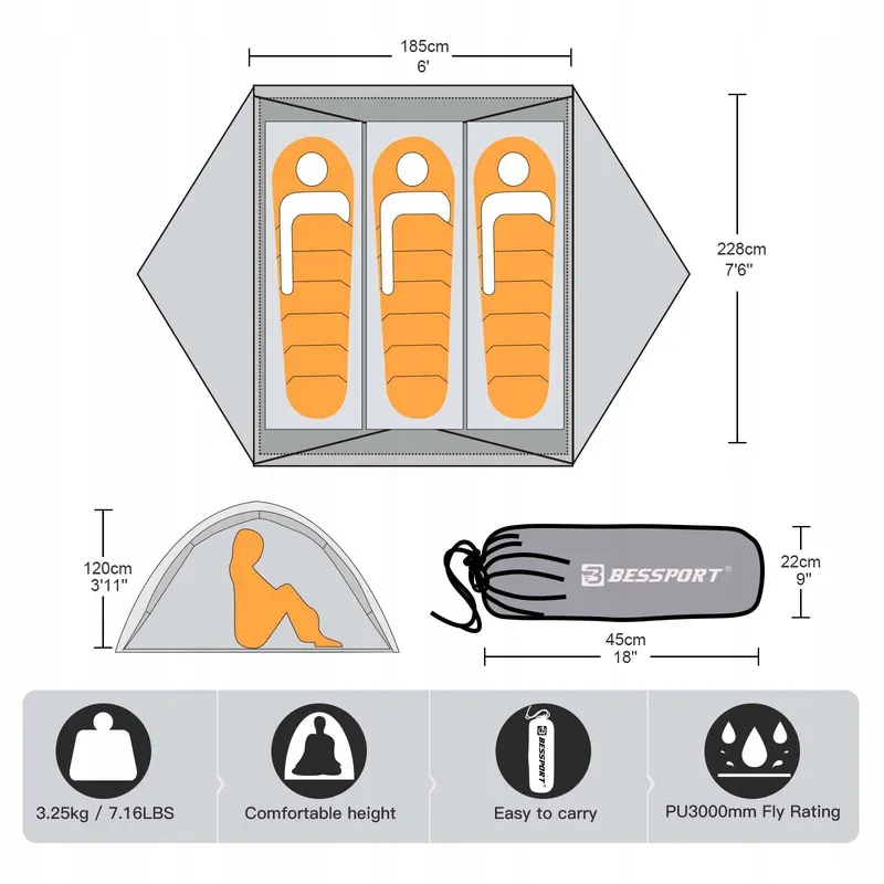 BESSPORT Tent 3 Personen Camping Licht Waterdicht 4 Seizoenen Outdoor — foto 2