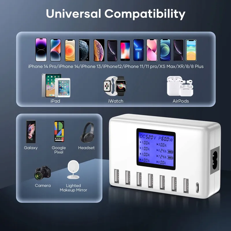 ORIEMAC USB Hub Oplader 60W 8 Poorten LCD Display — foto 5