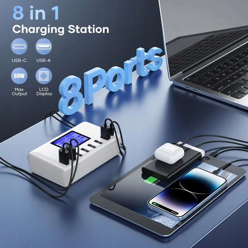 ORIEMAC USB Hub Oplader 60W 8 Poorten LCD Display — foto 2