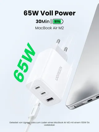 UGREEN USB C Oplader 65W 3-Poorts PPS Snellader — miniatuur 2