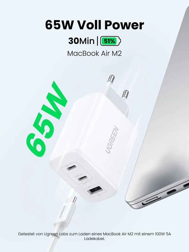 UGREEN USB C Oplader 65W 3-Poorts PPS Snellader — foto 2