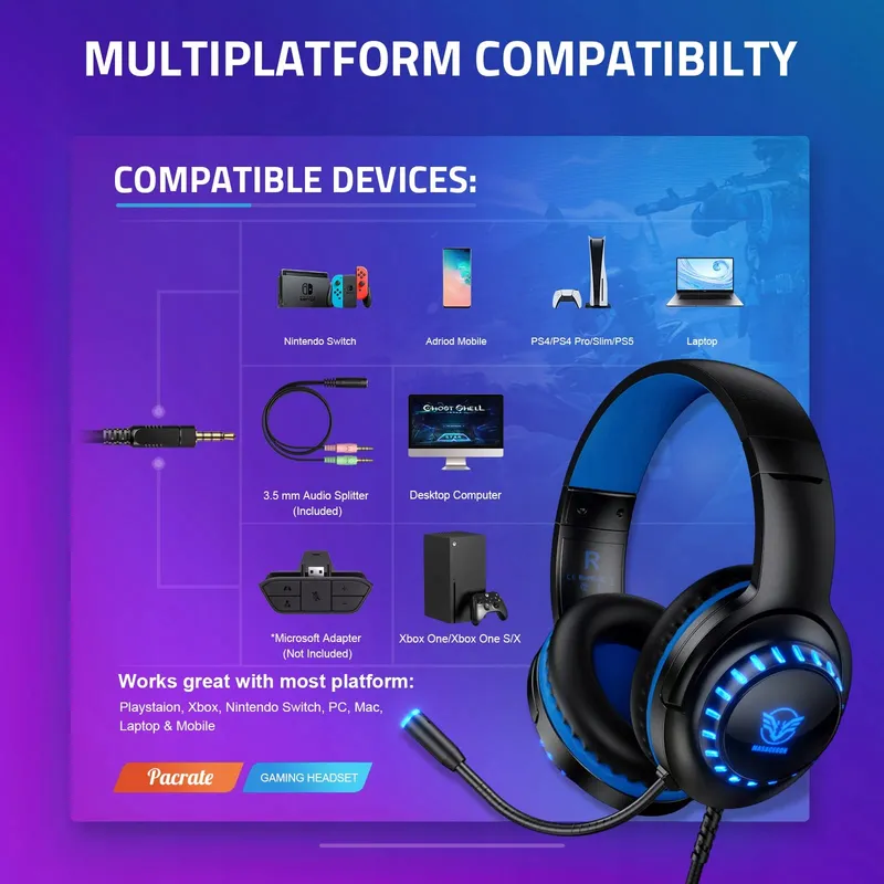 PACRATE Gaming Headset PS4 PS5 Xbox PC Switch Microfoon LED — foto 4