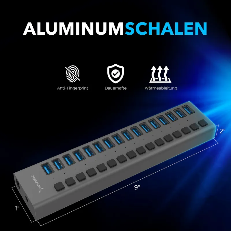 SABRENT HB-PU16 2-in-1 USB Hub Oplader 90W Schakelaars — foto 5