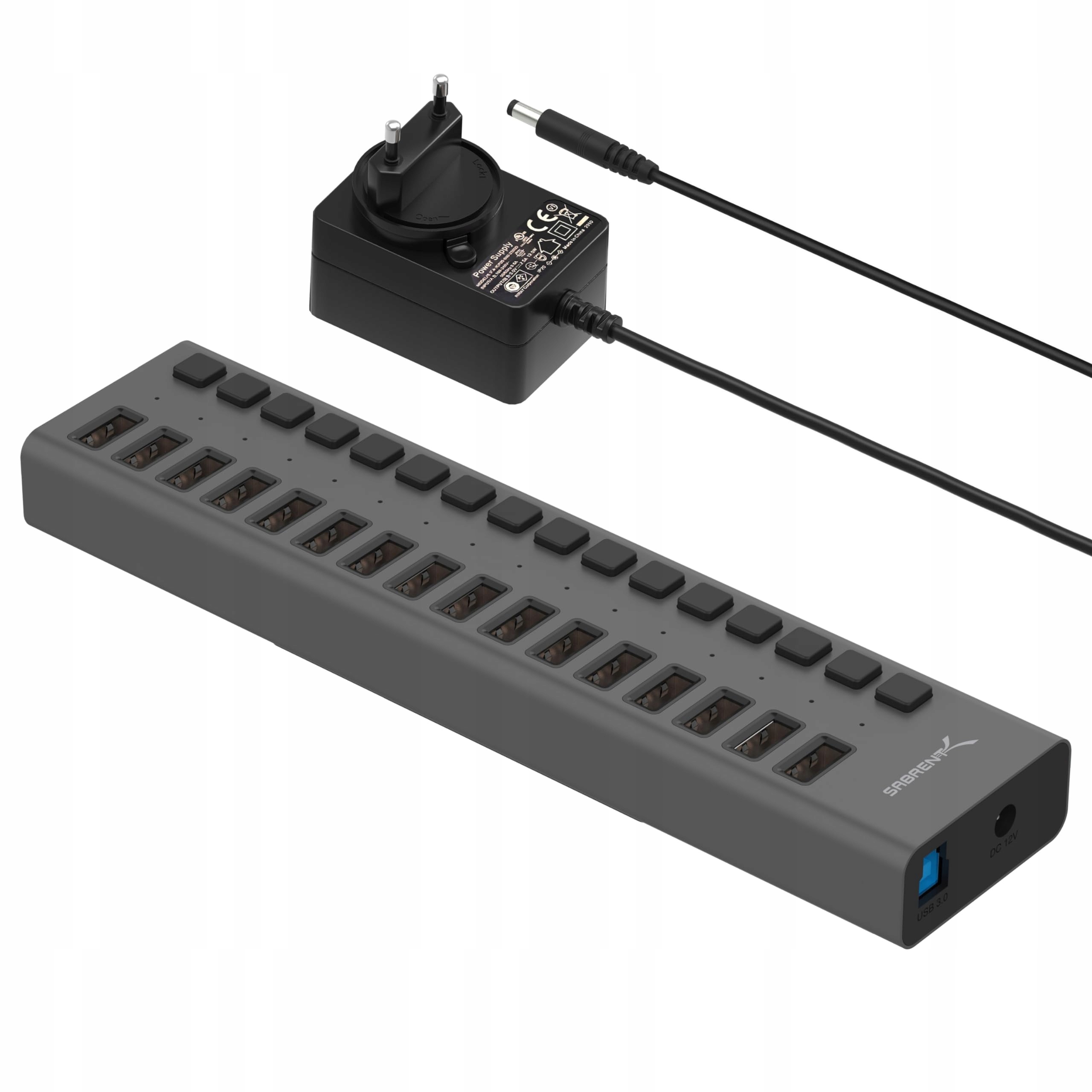 SABRENT HB-PU16 2-in-1 USB Hub Oplader 90W Schakelaars