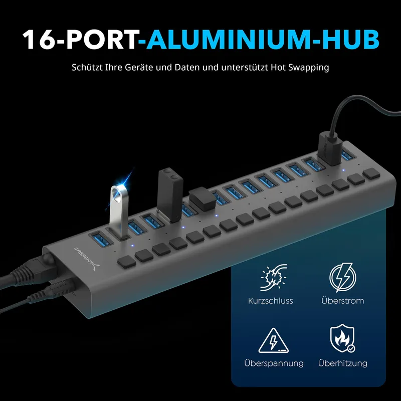 SABRENT HB-PU16 2-in-1 USB Hub Oplader 90W Schakelaars — foto 2
