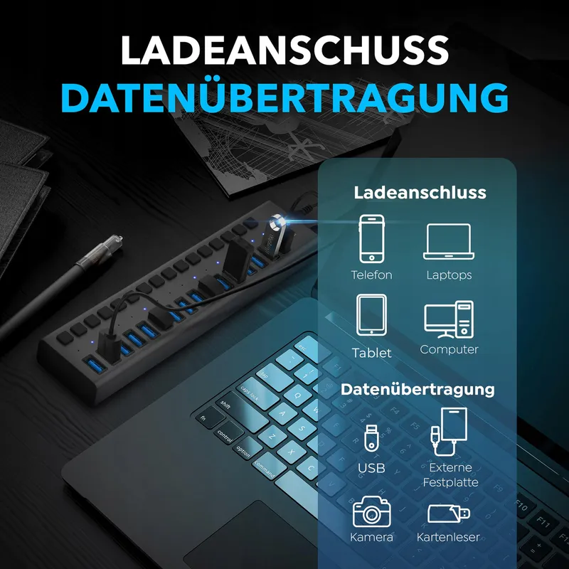 SABRENT HB-PU16 2-in-1 USB Hub Oplader 90W Schakelaars — foto 6
