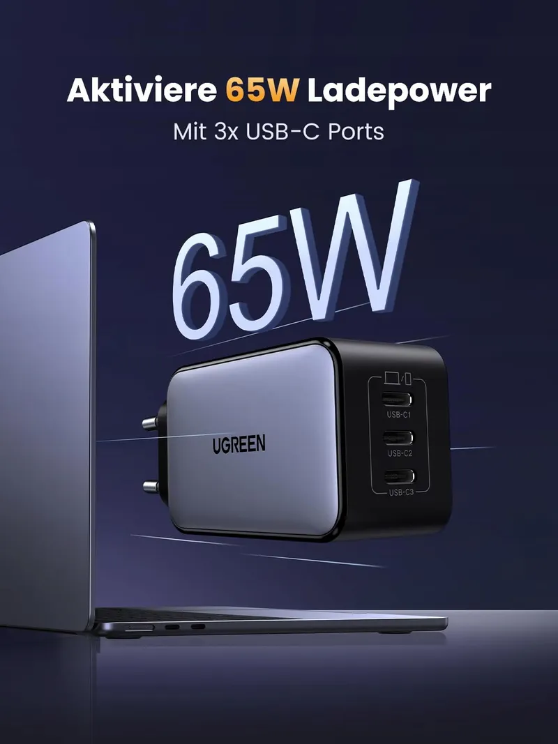 UGREEN Nexode USB C Oplader 65W GaN 3 USB-C Poorten — foto 2