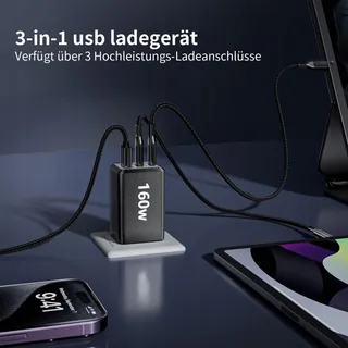 HSSNS 160W USB-C Oplader 3-Port GaN MacBook iPad iPhone — miniatuur 3