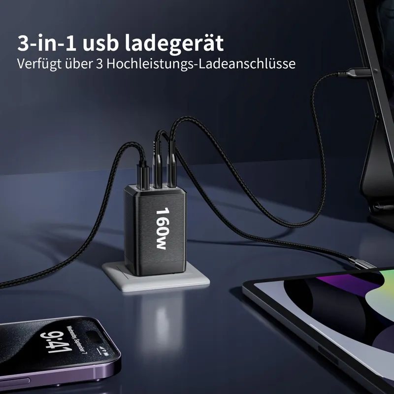 HSSNS 160W USB-C Oplader 3-Port GaN MacBook iPad iPhone — foto 3