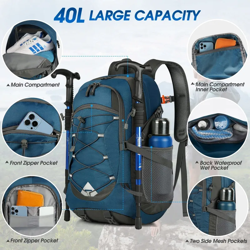 IGOLUMON Wandelrugzak 40L Waterdicht Licht Opvouwbaar Blauw — foto 3