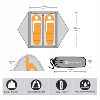 BESSPORT Camping Tent 2 Personen Licht Waterdicht 4 Seizoenen — miniatuur 2