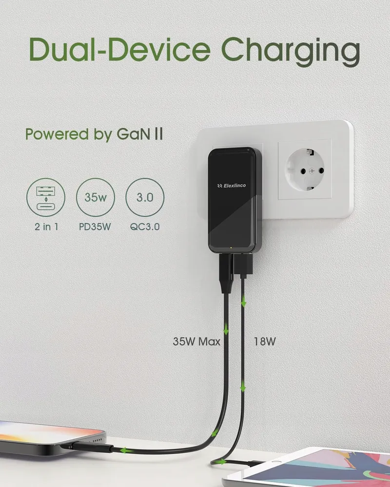 ELEXLINCO USB-C Oplader 35W 2-Poorts PD 3.0 Zwart — foto 2