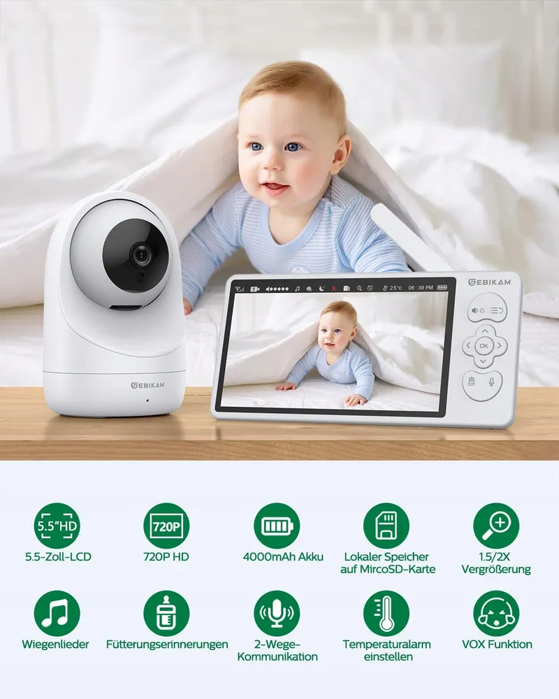 SEBIKAM Babyfoon Camera 720P HD 4000mAh VOX Nachtmodus Audio — foto 2