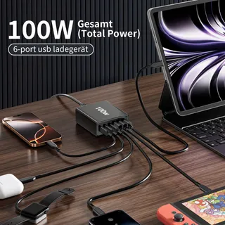 HSSNS USB-C Oplader 100W 6-Poorts iPad iPhone Smartphones — miniatuur 2