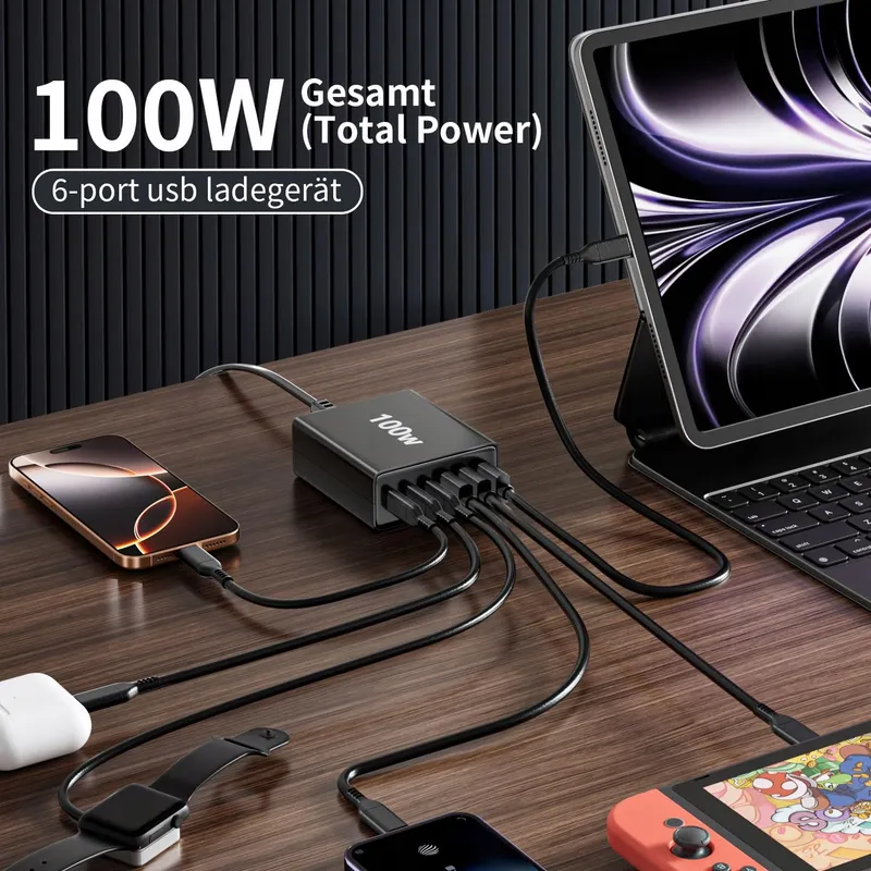HSSNS USB-C Oplader 100W 6-Poorts iPad iPhone Smartphones — foto 2