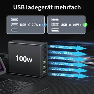 HSSNS USB-C Oplader 100W 6-Poorts iPad iPhone Smartphones — miniatuur 3