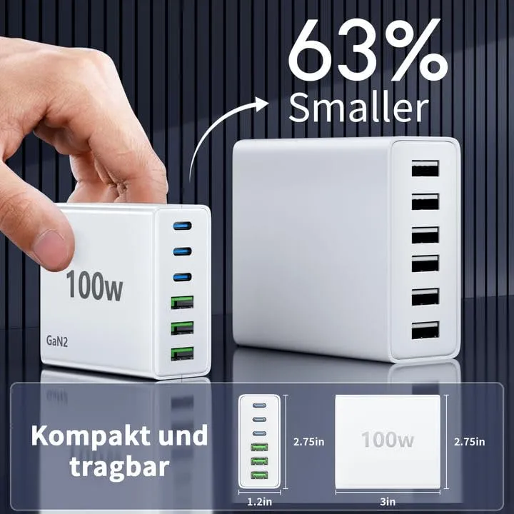 FINIBO USB C Oplader 100W 6-Poorts Snellader iPad Smartphones — foto 5