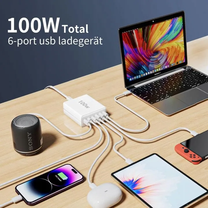FINIBO USB C Oplader 100W 6-Poorts Snellader iPad Smartphones — foto 3