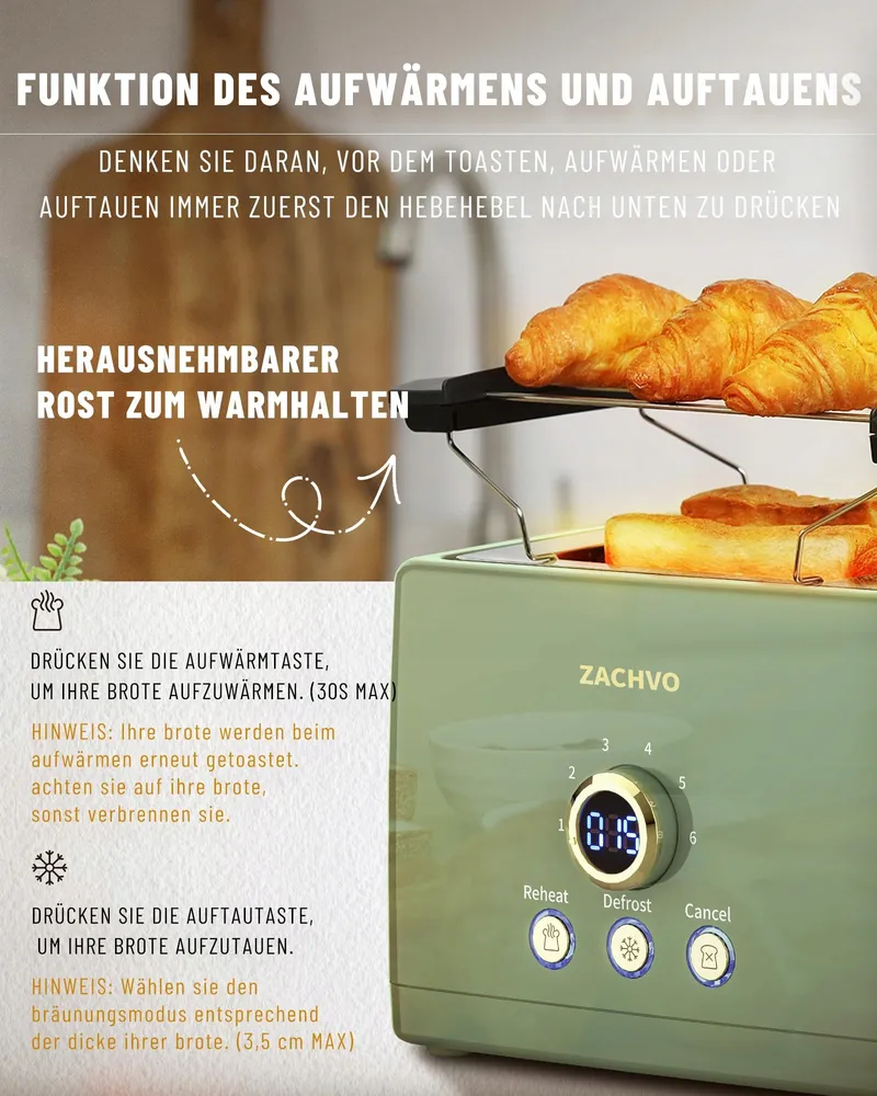 ZACHVO Broodrooster 2 Sneetjes Broodjesrek 6 Standen 850W LED Display — foto 3