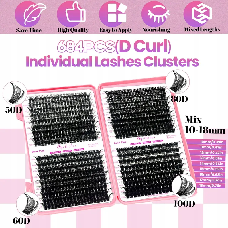 QIVEAORY DIY Wimperextensions Set 684 Stuks Cluster D-Curl — foto 2