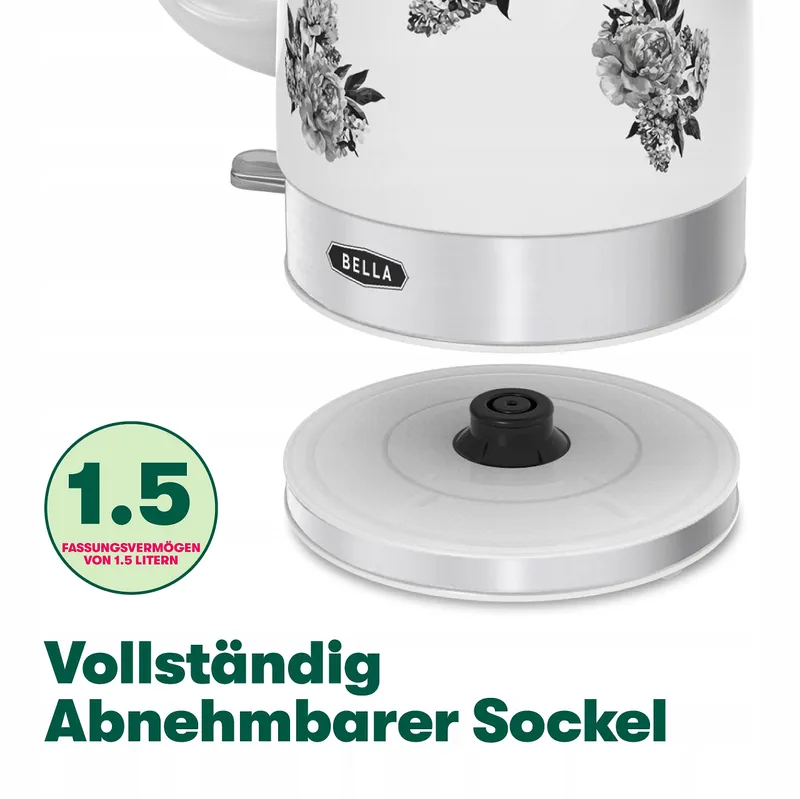 BELLA Keramische Waterkoker 1,5L Zwart Bloemenpatroon β foto 3