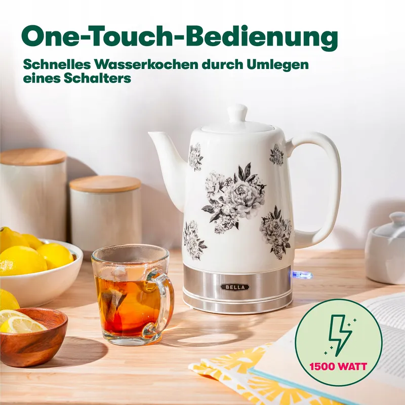 BELLA Keramische Waterkoker 1,5L Zwart Bloemenpatroon β foto 5