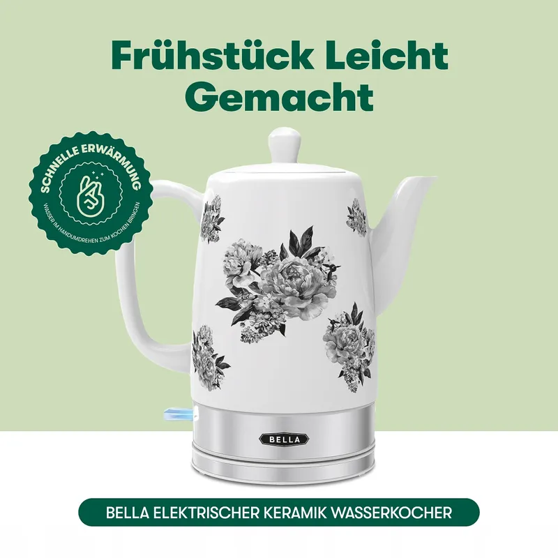 BELLA Keramische Waterkoker 1,5L Zwart Bloemenpatroon β foto 2