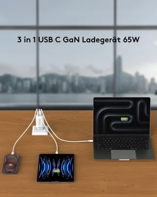 QACKENM USB C Oplader 65W 3-Poorts GaN Snelladen MacBook iPhone — miniatuur 2