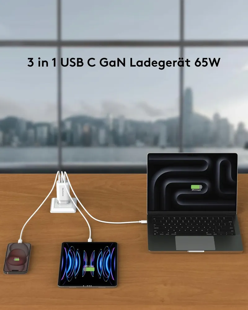 QACKENM USB C Oplader 65W 3-Poorts GaN Snelladen MacBook iPhone — foto 2