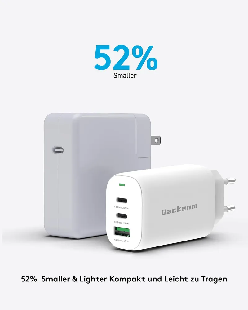 QACKENM USB C Oplader 65W 3-Poorts GaN Snelladen MacBook iPhone — foto 4