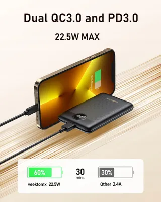VEEKTOMX Powerbank 10000mAh 22,5W USB C Voor iPhone Samsung Huawei — miniatuur 3
