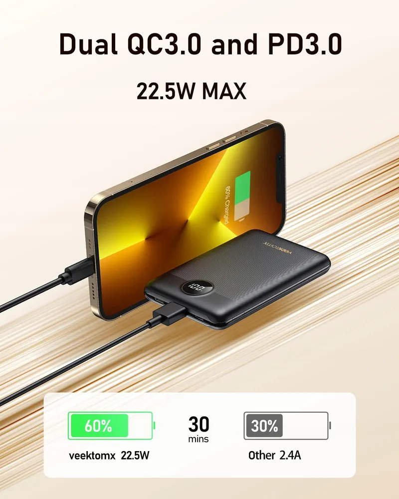 VEEKTOMX Powerbank 10000mAh 22,5W USB C Voor iPhone Samsung Huawei — foto 3