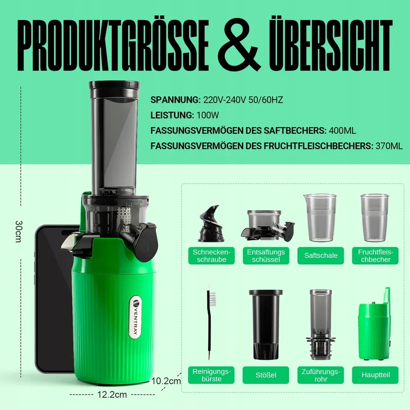 VENTRAY Ginnie Slow Juicer 60rpm 45mm BPA-vrij 100W Groen — foto 8