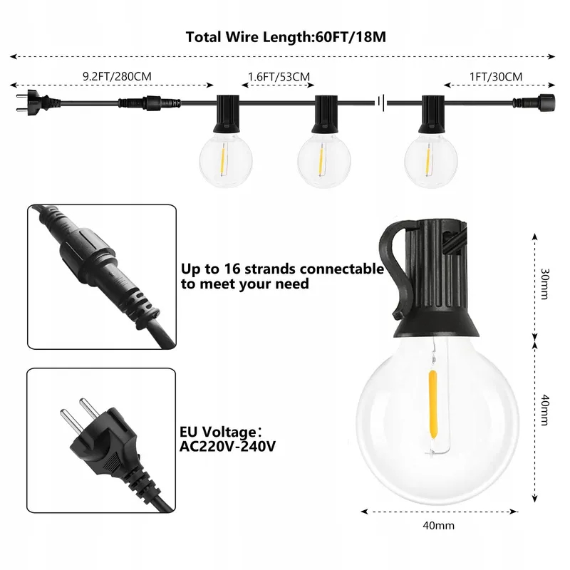 FANSANMY LED Lichtsnoer Buiten 18M G40 IP45 — foto 5