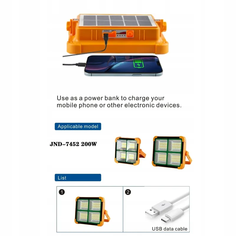 JANDEI Draagbare Solar LED Schijnwerper 100W 336 LED Powerbank — foto 6