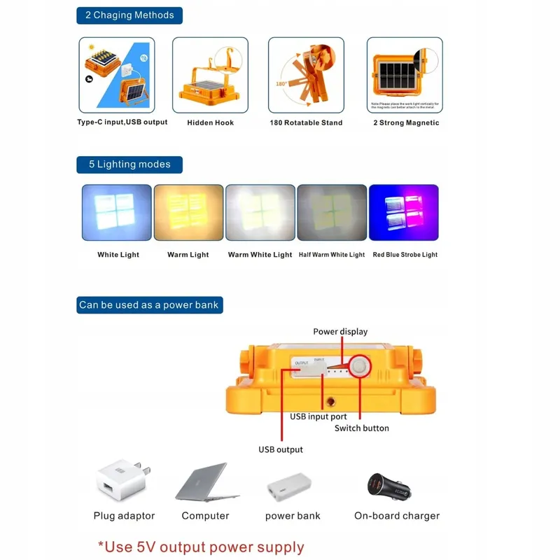 JANDEI Draagbare Solar LED Schijnwerper 100W 336 LED Powerbank — foto 5