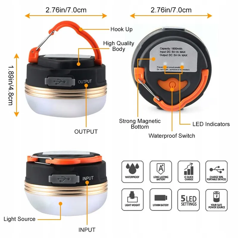 FLINTRONIC USB LED Campinglampen 2 Stuks Powerbank 1800mAh 4 Modi SOS — foto 2