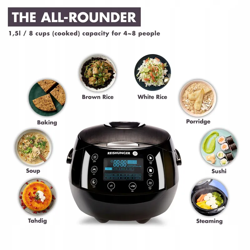REISHUNGER Rijstkoker Multicooker 1,5L 12 Programma's Timer 8 Personen Wit — foto 7