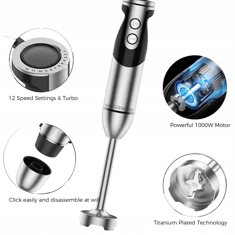 MEGAWISE Pro Titanium 3-in-1 Staafmixer 12 Snelheden Zwart — foto 2