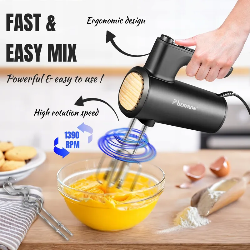 BESTRON Handmixer 6 Snelheden Turbo LCD Zwart Hout — foto 3