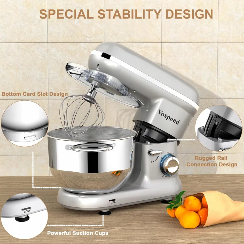 VOSPEED Keukenmixer 1500W 6 Snelheden 6,2L Kom Zilver — foto 4