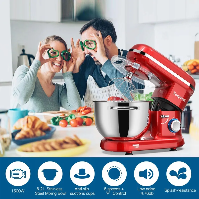 VOSPEED Keukenmixer 1500W 6 Snelheden 6,2L Kom Zilver — foto 7