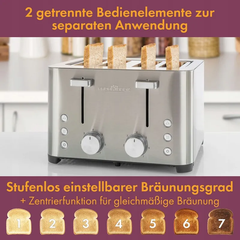 PROFICOOK Broodrooster 4 Sneden RVS 1500W Brede Sleuf β foto 5