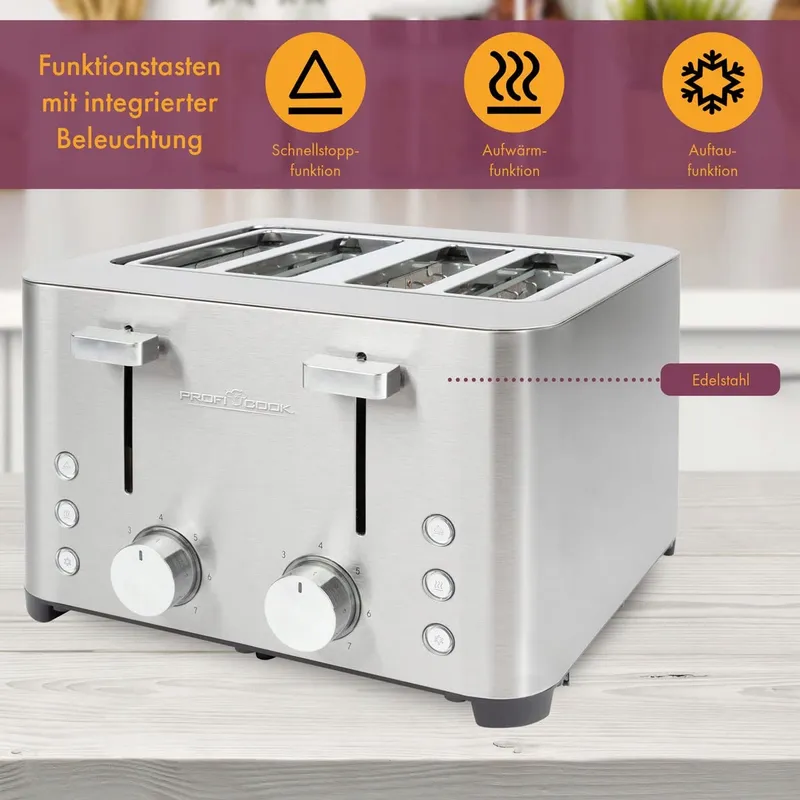 PROFICOOK Broodrooster 4 Sneden RVS 1500W Brede Sleuf β foto 8
