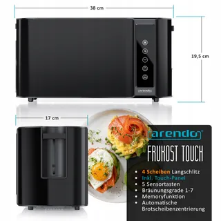 ARENDO RVS Broodrooster 4 Sneden Touchscreen Zwart — miniatuur 2