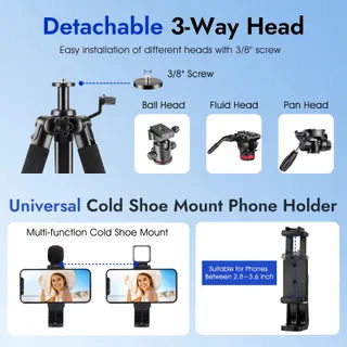 JOILCAN Camerastatief 187cm Aluminium Telefoonhouder Tas — miniatuur 7