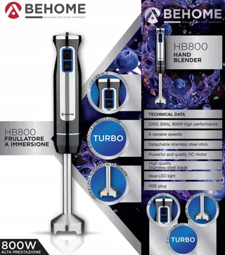 BEHOME Staafmixer Roestvrij Staal 800W 8 Snelheden LED — miniatuur 3